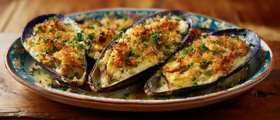 Close-up view of baked mussels, topped with a golden brown crust and fresh herbs, served on a rustic plate.