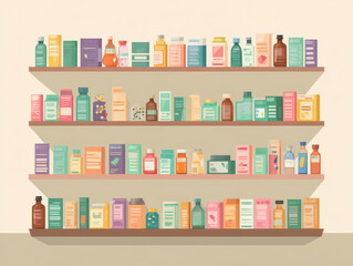 A shelf filled with various bottles of medicine organized neatly in a bright space with copy space for text and display