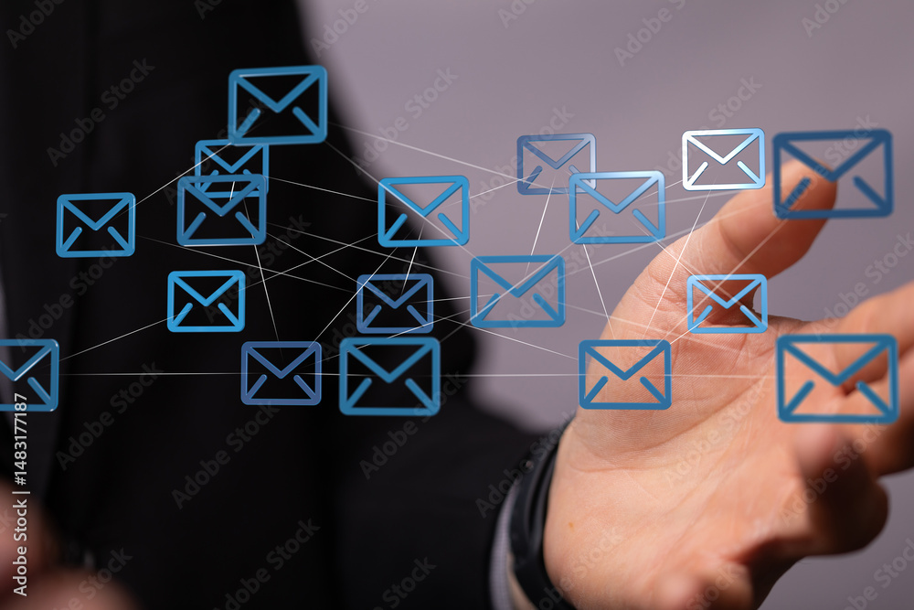 Poster image depicting a network of email icons, showcasing global communication and connectivity.