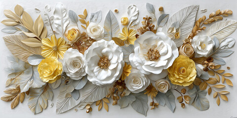 Intricate white and gold floral paper sculpture display