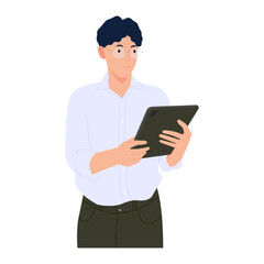 Businessman with smiling face in hand holding tablet using for research, entrepreneurship analysis, education or online communication concept. Man controlling and managing with technology. Vector illu