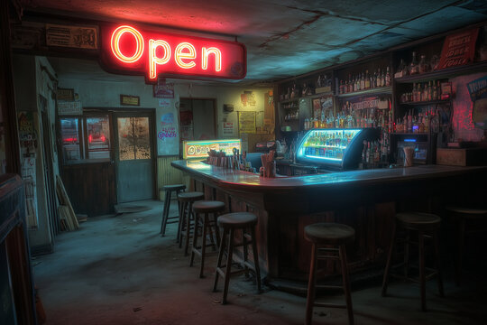 gritty dive bar interior at night, with dim neon lighting,