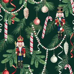 Nutcracker, Christmas tree, serpentine, candy cane, ball, garland, fir branch seamless pattern. Merry Christmas, New Year wallpaper.
