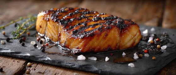 Grilled fish steak with herbs and spices on a dark stone plate. Delicious and savory meal.