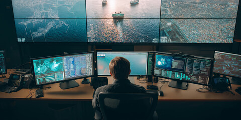 Marine surveillance operator with ship tracking monitors