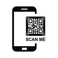 Top-down view of a centered black smartphone silhouette with QR code and bold "SCAN ME" text. Minimalist flat design in black and white, sans-serif font. Neutral, functional for scanning instructions.