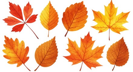 Autumn Leaves Collection - Watercolor illustration of eight autumn leaves in various shapes and shades of orange and red, isolated on white. Perfect for fall designs