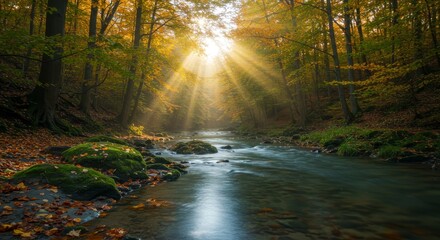 Obraz premium Autumn River Tranquility Through Golden Forest - Serene autumn scene, sun rays filtering through trees, reflecting on a tranquil river. Symbolizing peace, nature's beauty, golden hour