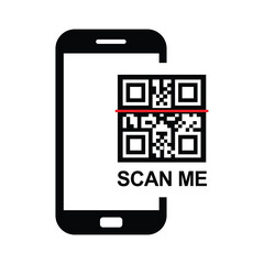 Top-down view of a centered black smartphone silhouette with QR code and bold "SCAN ME" text. Minimalist flat design in black and white, sans-serif font. Neutral, functional for scanning instructions.