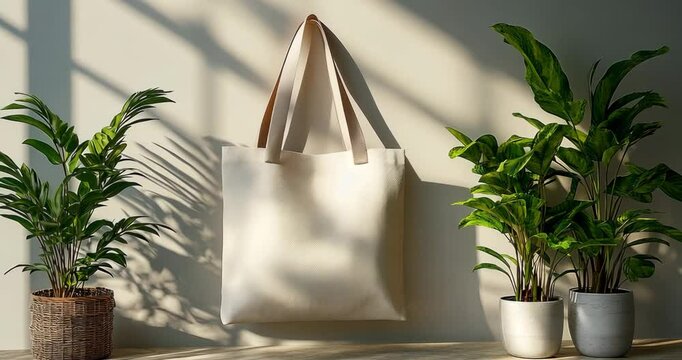 A white tote bag hangs on a wall, sunlight streams through a window, illuminating plants and creating shadows.