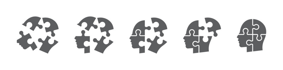 Set of human heads with puzzles icons. Puzzle human face, mental health, logical thinking, idea, business, business project. Vector.