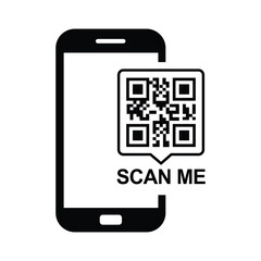 Top-down view of a centered black smartphone silhouette with QR code and bold "SCAN ME" text. Minimalist flat design in black and white, sans-serif font. Neutral, functional for scanning instructions.