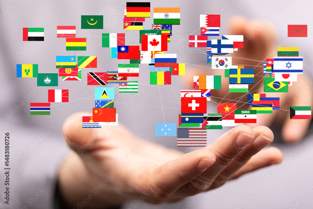 Leinwandbilder Image of hands holding a network of interconnected flags representing global collaboration and international relations.