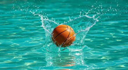 Basketball Splash in Pool - Orange basketball splashing into turquoise pool water creating a dynamic water splash. Perfect for summer, sports, and recreation themes