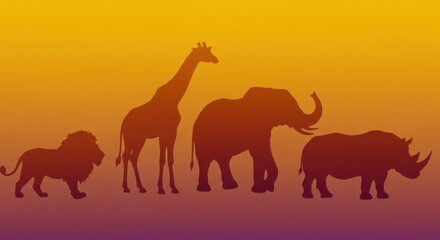 Silhouette of African animals against a warm gradient sunset background