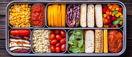 Colorful bento box filled with assorted vegetables, grains, sauces, bread, and cheese in neatly organized compartments.