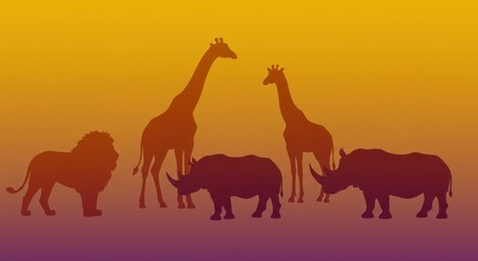 Silhouette of African wildlife including giraffes, rhinos, and a lion at sunset.