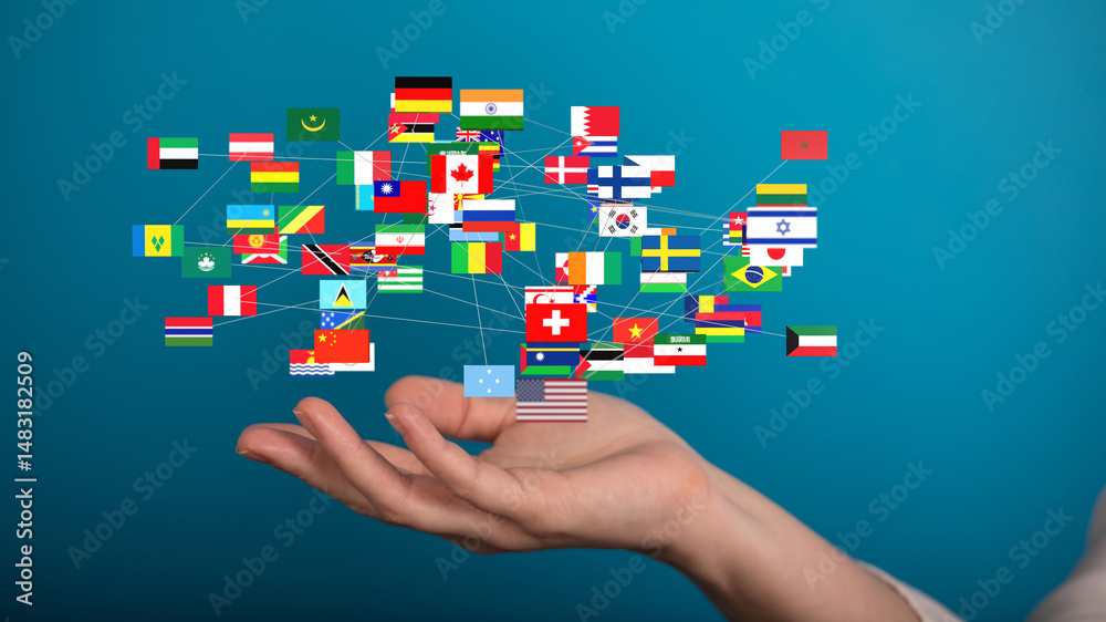 Poster image of a hand holding interconnected flags representing global connections and international relat