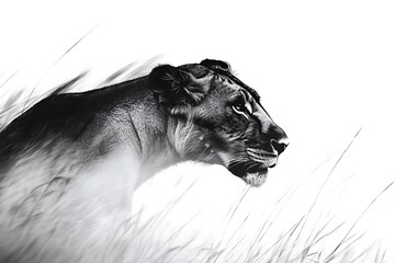 A monochrome portrait of a lioness emerging from tall grass on a bright white background space