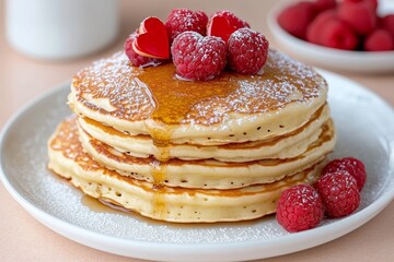 Delicious Stack of Buttermilk Pancakes Topped with Raspberries and Syrup