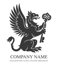 Vector illustration of black heraldic griffin holding the key. Can be used as real estate theme sign.