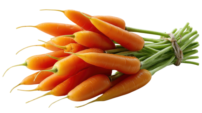 Bunch of Fresh Carrots: A vibrant bunch of fresh, orange carrots, complete with their green stems, is tied together, creating a striking visual of wholesome, organic produce. A culinary staple.
