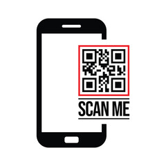 Top-down view of a centered black smartphone silhouette with QR code and bold "SCAN ME" text. Minimalist flat design in black and white, sans-serif font. Neutral, functional for scanning instructions.