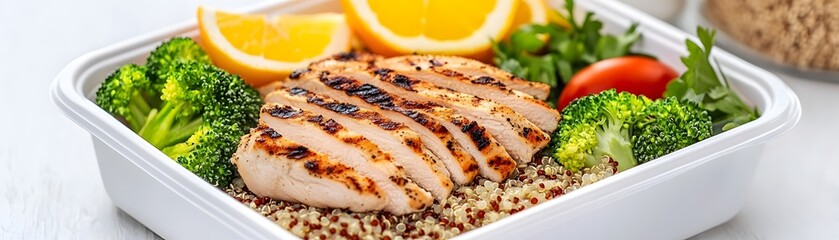 Grilled chicken breast with quinoa, broccoli, tomato, parsley, and orange slices in a meal prep container.