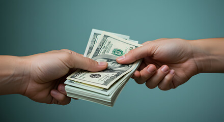 Hands Exchanging Stack of United States Dollar Bills on Teal Background Conveying Financial Transaction and Monetary Exchange