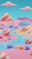 Colorful Cartoonish Landscape with Striped Spheres and Pastel Shades Illustration