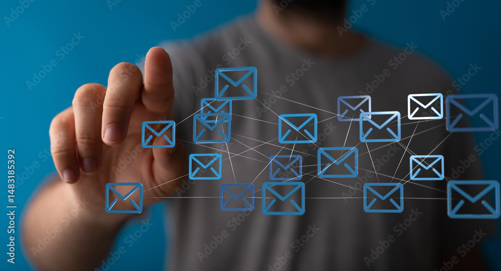 Poster Hand interacting with a network of email icons, representing global communication and connectivity.