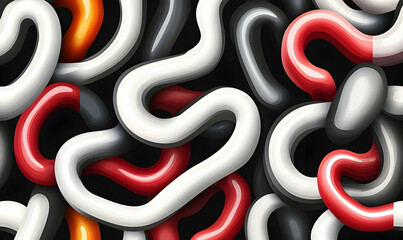 Curving tubes in white, red, orange and black create a mesmerizing abstract pattern on a dark background. Playful, fluid, dynamic