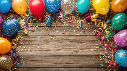 Festive celebration decorations. Colorful balloons, confetti, and streamers on rustic wood