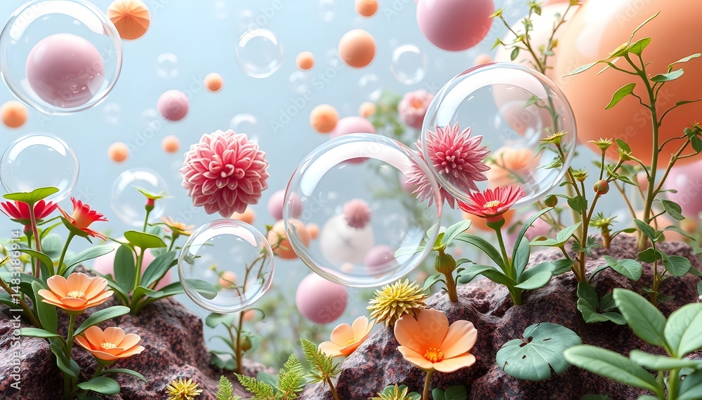 Aufkleber dreamlike digital garden with floating bubbles, an ethereal world, showcasing delicate plant forms. 