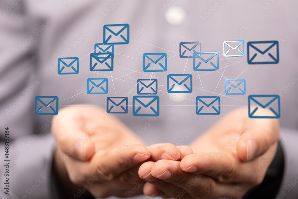 Poster hands holding network of email icons. digital communication, global connection, networking.
