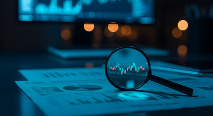 Magnifying Glass Reveals Financial Charts on Dark Table with Market Data on Screen