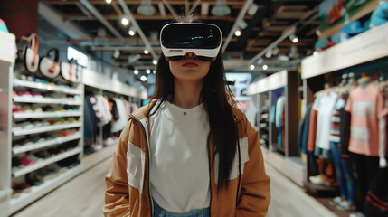 Teen in VR glasses walks through a clothing store