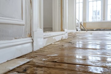 New white baseboards installed in a partially renovated room Generative AI