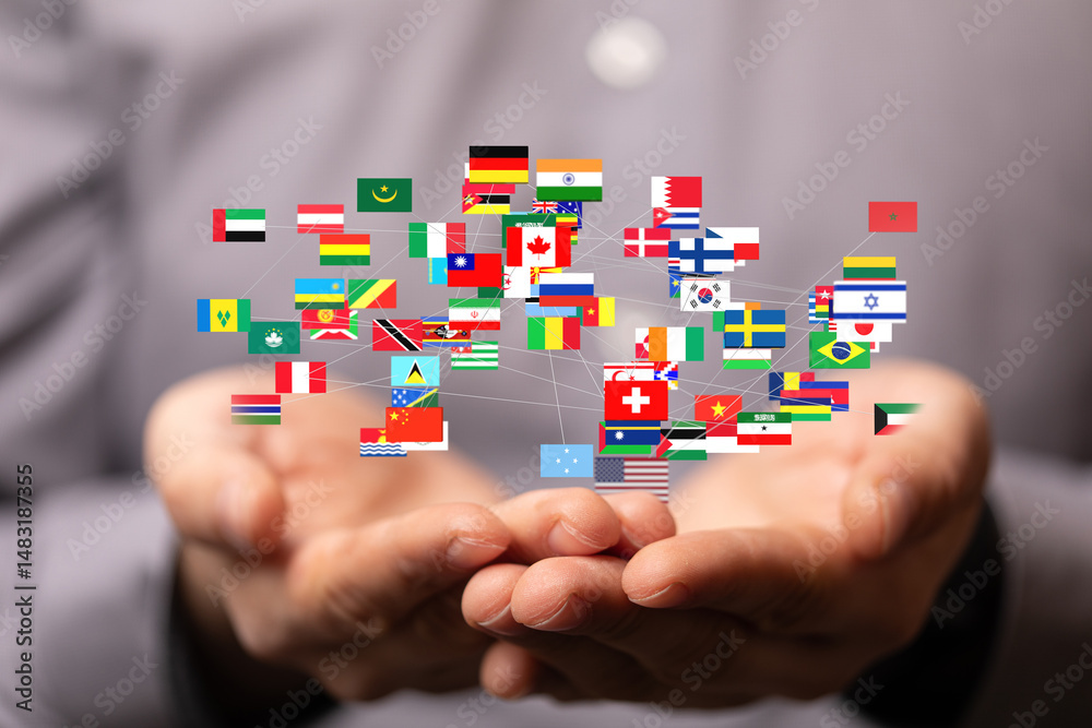 Poster image of interconnected flags representing global partnerships and international business.