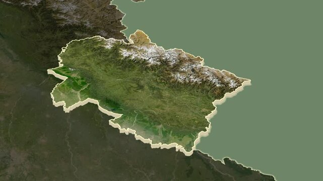 Uttarakhand, India, extruded. Satellite map