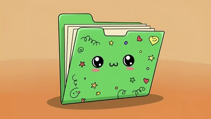 Cute animated green folder with playful decorations and smiling face, set against a warm background - Powered by Adobe