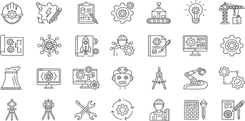 Fototapeta premium Engineering Income Line Editable Icons set. Vector illustration in modern thin line style of technologies related icons: blueprint, engineer, manufacturing, and more