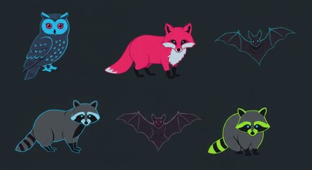 Vector illustration of nocturnal animals including owl, fox, bat, and raccoons