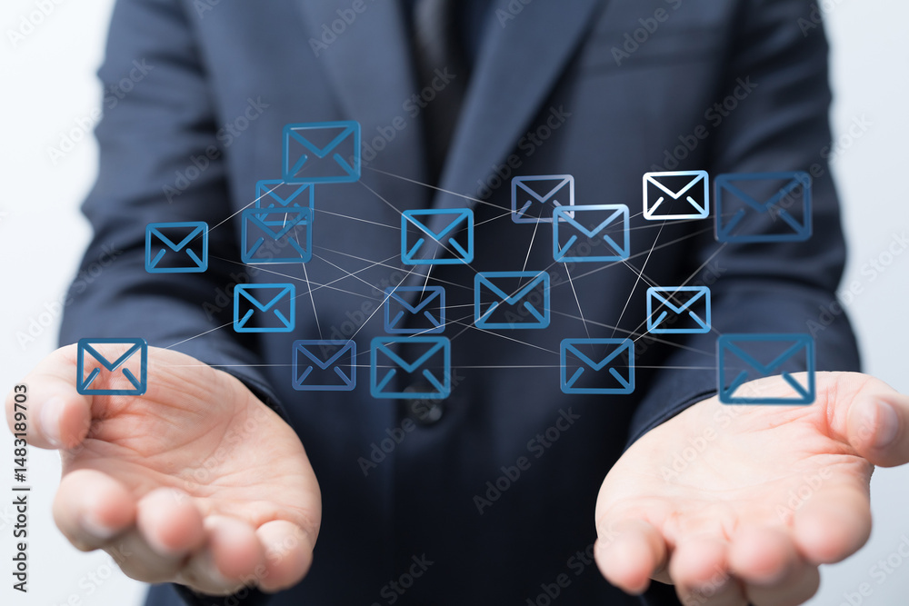 Poster Image of interconnected email icons, representing global communication and networking in business.