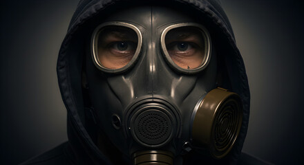 Person in Gray Gas Mask with Blue Eyes Wearing Dark Hooded Sweatshirt for Safety and Protection