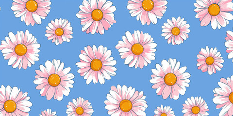 Cute white and pink daisies on blue background cartoon pattern
