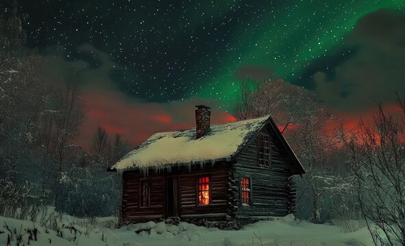 Snowy cabin bathed in aurora borealis - Powered by Adobe