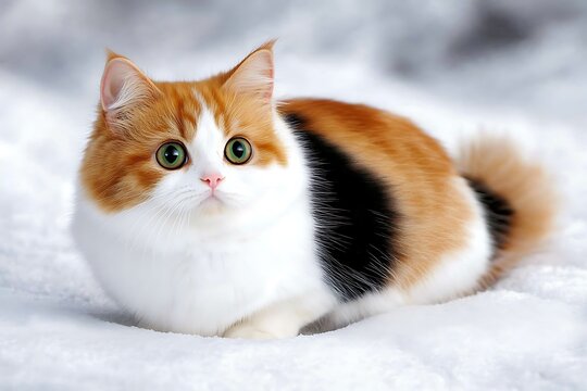 A calico cat with green eyes sitting on snow looking straight ahead with a curious expression on its face