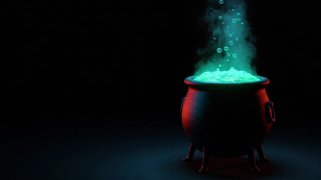 Bubbling green liquid cauldron isolated on black background image