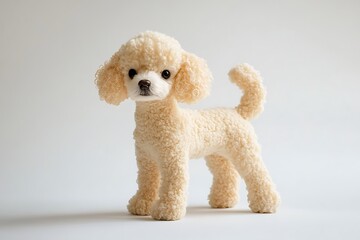 A cream colored poodle standing on a white background in a studio shot with soft lighting and shadows